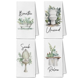 ChissNook Farmhouse Bathroom Hand Towels, Botanical Soak Relax Unwind Breathe Sage Green Decorative Hand Towels Set of 4, Farmhouse White Floral Bathroom Decor, 16x24 Inch