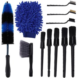 Juego de 11 cepillos de limpieza para coche con suave y duro, kit de detalles universal para ruedas, neumáticos, compartimento del motor, interior y exterior, azul y negro
