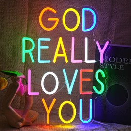 BNEMCEZH God Really Loves You Neon Sign USB Power Multicolored Word Led Sign God Neon Light for Inspirational Decor Dimmable Jesus Light up Sign for Church Home Birthday Party Wedding Classroom Office
