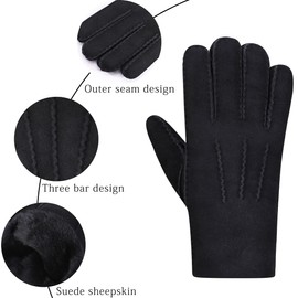 Harssidanzar Women Lambskin Shearling Leather Gloves,Winter Cold Weather Heated Warm Dress Driving Gloves KL025,Black,Size M