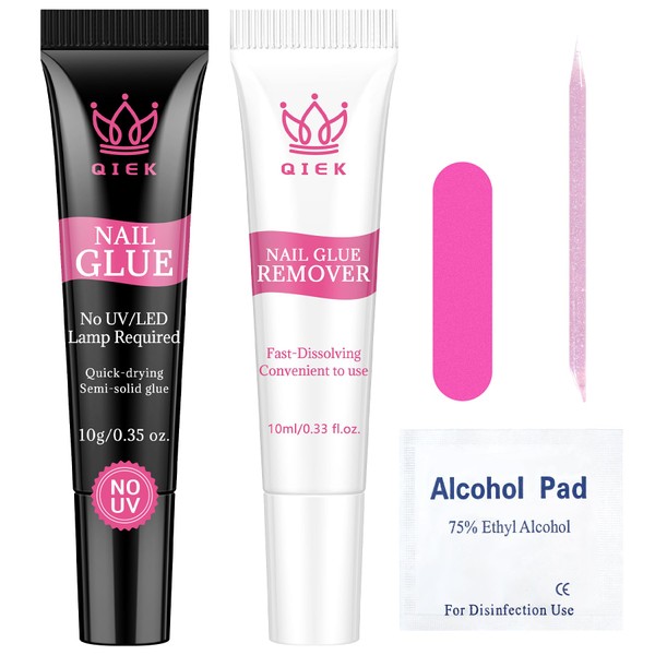 QIEK No-Lamp Nail Glue & Remover Set for Press Ons,