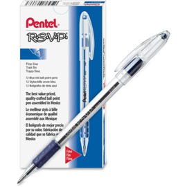 Pentel® R.S.V.P.® Ballpoint Pens, Fine Point, 0.7 mm, Clear Barrel, Blue Ink, Pack of12