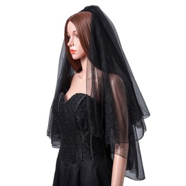 Acenail Black Women's Wedding Veil - Short Fingertip Length 2 Tier Tulle Bridal Veil for Brides