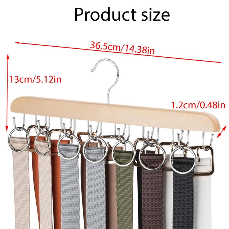 2 Pcs Natural Wooden Belt Hanger with 14 Rotatable Hooks