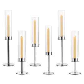 Inweder Hurricane Taper Candle Holders: Silver Glass Candlestick Holder Tall Candle Sticks Holder Decor with Glass Cover for Wedding Table Centerpiece Party Birthday Christmas Home Mantel Set of 6