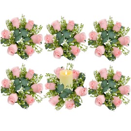 tyoungg 6 PCs Artificial Pink Rose Eucalyptus Pillar Candle Rings Wreath Weddding Banquet Reception Table Centerpiece Spring Home Decor (6, Pink)