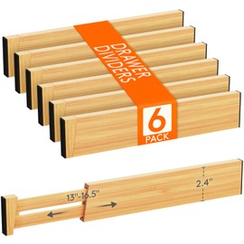 Lifewit 2.4" High 6 Pack Bamboo Drawer Dividers 33-42cm/13-16.5" Adjustable Wooden Drawer Organizer for Clothes/Utensils, Expandable Drawer Separator for Dresser/Kitchen/Bedroom/Office Organization