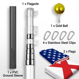G128 Combo Pack: 20 Ft Telescoping Aluminum Flagpole (Silver) & American and Costa Rica Flags 3x5 Ft, Both ToughWeave Series Embroidered Polyester | Pole with Flags Included