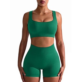 OQQ Workout Outfits for Women 2 Piece Seamless Ribbed High Waist Leggings with Sports Bra Exercise Set Green