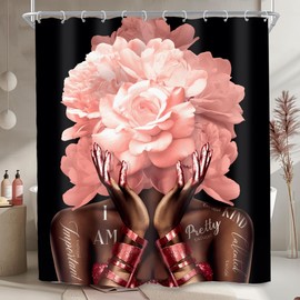 SVBright African American Pink Shower Curtain 60Wx72L Inch Black Woman Girl Flower Peony Floral Modern Gold Quotes Girly Words 12 Pack Hooks Polyester Waterproof Fabric Bathroom Bathtub Panels