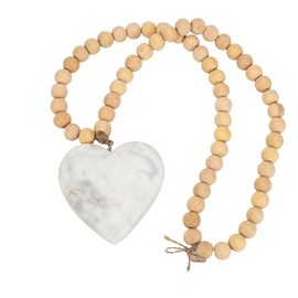 100 North PD Home & Garden 21 Inch Wood and Marble Beaded Ornament Decorative Décor Accent, Natural Brown and White, Marble Heart
