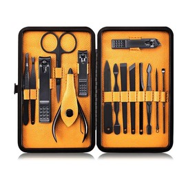 Keiby Citom Professional Stainless Steel Nail Clipper Travel & Grooming Kit Nail Tools Manicure & Pedicure Set of 15pcs with Luxurious Case professional pedicure - Color: Black/Yellow