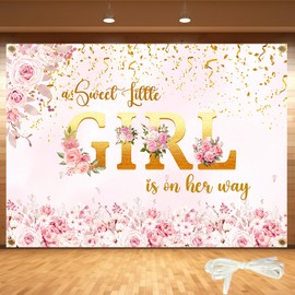 Large 7 x 5ft Girl Baby Shower Backdrop Banner - Pink Floral Sweet Little Girl is on Her Way with 19.68ft (6m) Ribbon for Baby Shower Decorations, Photography & Party Backdrop