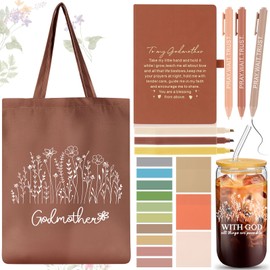 Talltalk 14 Pcs Godmother Appreciation Gift Set for Women 16oz Glass Canvas Bag A5 Journal Ballpoint Pen Notes Highlighter for Mother's Day Christmas Thanksgiving Birthday Wishes(Brown)