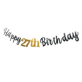 Happy 27th Birthday Banner Decoration, Black and Gold Happy 27th Birthday Banner Sign, 27th Birthday Party Decorations Supplies Pre-Strung