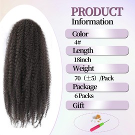 Marley Twist Braiding Hair Afro Twist Hair Kinky Curly Cuban Twist Hair Senegalese Twist Crochet Hair Marley Twist Hair Synthetic Crochet Braids Marley Hair Extensions (4#,18inch/6packs)