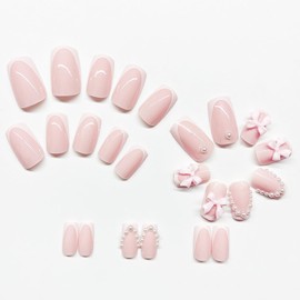 24 Pcs Pink Square Press on Nails Short Medium Fake Nails Cute Pearl Bow Nails Reusable False Nails Kit French Tip Acrylic Nails Press ons Artificial Nails Holiday Full Cover Stick on Nails for Women