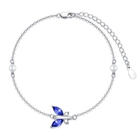 AOBOCO 925 Sterling Silver Butterfly Link Adjustable Bracelet with Sapphire Blue September Birthstone Crystal from Austria