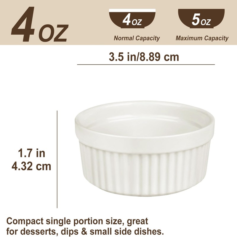 Ramekins 4 oz Oven Safe, Porcelain Creme Brulee Ramekins Pudding