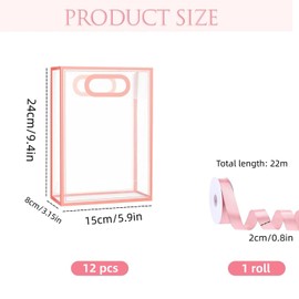 12 Pcs Clear PVC Gift Bag with Handles, Plastic Party Favor Bags with Ribbon,Reusable Transparent Bags for Wedding Bridal Baby Shower Birthday (Pink, 15 x 24 x 8 cm)
