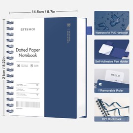 EMSHOI Notebook A5, Bullet Dotted Journal, Spiral Notebook 300 Pages/150 Sheets, 100 gsm Thick Paper, PVC Hardcover, for Women, Men, Office, School, Writing, 14.5 x 21 cm - Blue