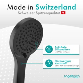 Engelbach® Water-Saving Shower Head – Made in Switzerland | 3 Jet Types: Gentle Rain, Massage & Intensive | Universal Hand Shower (9L/Min), Shower Head Black