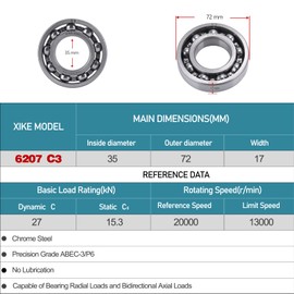 XiKe 1 x 6207 C3 ball bearing, 35 x 72 x 17 mm, open construction and chrome steel, suitable for DIY, car, motorcycle, ATV, transmission, engine, CNC, industry, agriculture and garden tools.
