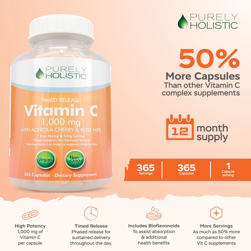 Purely Holistic Vitamin C 1000mg, 365 Capsules, 12 Month Supply,