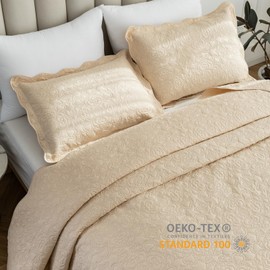 Auemtyn Twin/Twin XL Size Quilt Set 2 Pieces, Soft Lightweight Summer Bedspread, Reversible Microfiber Bed Coverlet for All Seasons, Beige, Heart-Floral Pattern (1 Quilt, 1 Pillow Sham)