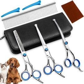 YITONE Tijeras para Cortar Cabello, Juego de 7 Piezas, Tijeras de Acero Inoxidable con Punta Redonda de Seguridad, Cortan Pelos para Perros Gatos y Conejos (Azul)