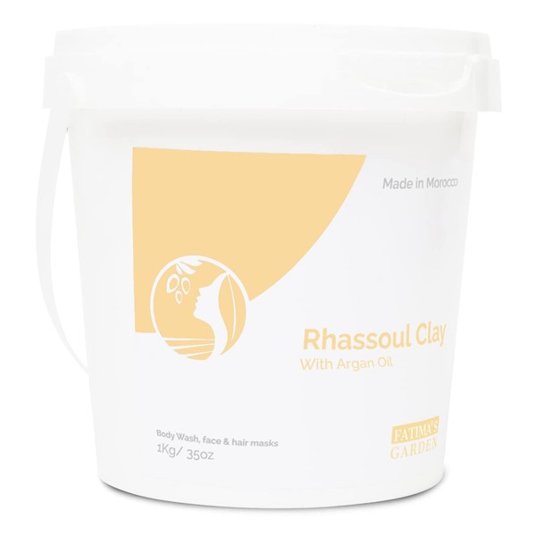 Fatima's Garden Rhassoul Clay, 100% Natural Moroccan Ghassoul Clay Powder enriched with Argan oil and Eucalyptus for Face, Hair & Hammam; cleansing & softening & purifying - 35oz / 1kg