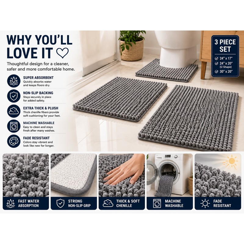 3 Piece Super Absorbent Quick Dry Chenille Bath Mats Set