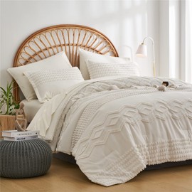 KAKIJUMN White Tufted Comforter Set Full Size 7 Piece Bed in a Bag, Shabby Chic Boho Comforter and Sheet Set, Pom Pom Textured Bed Set, All Season Soft Microfiber Complete Bedding Set(White,Full)