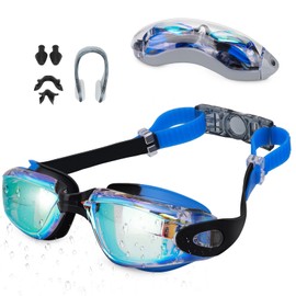 Swimming Goggles, Swimming Goggles with Nose Protection, Swimming Goggles Anti-Fog UV Protection, Ear Plugs & Nose Clips Included & Glasses Box for Triathlon Swimming Goggles Other Summer Sports