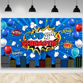 AIBIIN God Gives Me Strength Backdrop Blue Christian Bible Verse Photography Background Church School Classroom Decorations Banner Photo Studio Props 70.8 x 43.3 inch