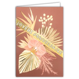 Afie 65-1307 Happy Birthday Card in Gold Glitter Chic Gold - Envelope Included - Made in France - Bouquet of Flowers Orchid of Paradise Pampa Pink Feminine
