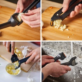 Fiskars Garlic press with fold-out grid insert and scraper, length: 16 cm, plastic/metal, functional shape, black, 1028361