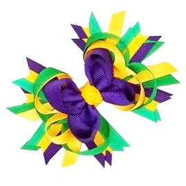 Mardi Gras Hair Bow Clips for Girls Kids Mardi Gras Hair Clips Carnival Hairpins Purple Green Yellow Hair Barrettes Ribbon Hair Bows Alligator Clips Fat Tuesday Mardi Gras Hair Accessories (Color 3)