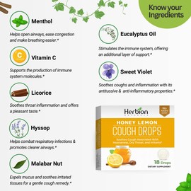 HERBION Naturals Cough Drops, Dietary Supplement, Soothes Cough, for Adults and Children Over 6 Years, No Artificial Flavor, No Added Color (18 Count (Pack of 1), Honey Lemon)