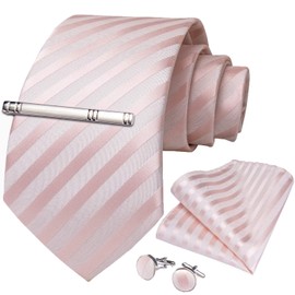 DiBanGu Men's Tie Set Silk Striped Checked Tie with Pocket Square Cufflinks Tie Clip Set for Wedding Formal, Pink Stripe