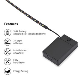 Toyunia ToYnia Battery Powered LED Strip Lights Under Cabinet Stick on Lights Under Cabinet Kitchen Led Lights Short Led Strip Lights Battery Led Light x 3 Pack 5000K, Without Batteries,Black