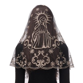 Bozidol Catholic Veils for Women Mass, Black Gold D Shape Virgin Mary Embroidered Church Mantilla Chapel Veil, Elegant Prayer Lace Shawl Head Coverings with Clip