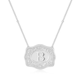 Belt Buckle Necklace With Initial For Women, 18k Gold Plated Mini Embossed Letter Pendant Western Charm Gift Jewelry (Belt Buckle B, Silver)
