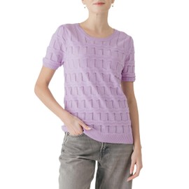 Cable Stitch Women's Ripple Stitch Short Sleeve Sweater - Crewneck Pointelle Knit Cotton Pullover Top (Large, Lilac)