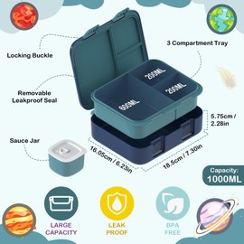 Anyiner Kids Lunch Box, Leakproof Bento Lunch Box with Multi-Compartments & Sauce Jar, Portable Snack Box Mermaid Bento Box for Kids Adults Work School, Dark Blue Planet