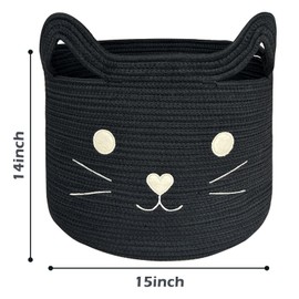 VK VK·LIVING Woven Basket 15" Lx14 H Cotton Rope Toy Basket with Cat Design, Cute Animal Basket Gift Basket Large Cat Toy Basket Baby Laundry Basket for Towels, Blankets, Cute Basket for Cat Toys