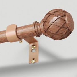 Wood Curtain Rods, 1'' Decorative Adjustable Farmhouse Boho Curtain Rod for Windows 48 to 84 Inch(4-7 Feet), Heavy Duty Rustic Drapery Pole with Netted Texture Finials, Brown Wood, 30''-88''