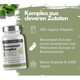 EXVital Nettle Capsules Complex with Grapevine & Horse Chestnut Extract, 800 mg Nettle Extract per Day, 120 Vegan Capsules, Clever with Manganese & Copper, Vegan & No Additives