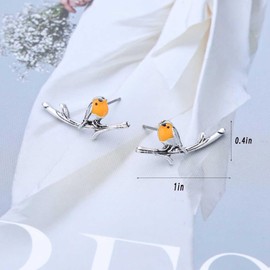 Bird Earrings for Women Boho Bird Branch Earrings Gold/Silver Bird Climber Earrings Chunky Enamel Robin Bird Earrings Cute Orange Bird Stud Earrings Funny Statement Jewelry Accessories, Large, Alloy