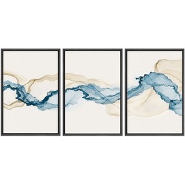 SIGNWIN Framed Canvas Print Wall Art Set Blue Tan Smoke Wave Landscape Abstract Shapes Illustrations Modern Art Decorative Contemporary Colorful for Living Room, Bedroom, Office - 24"x36"x3 Black
